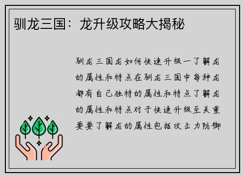 驯龙三国：龙升级攻略大揭秘